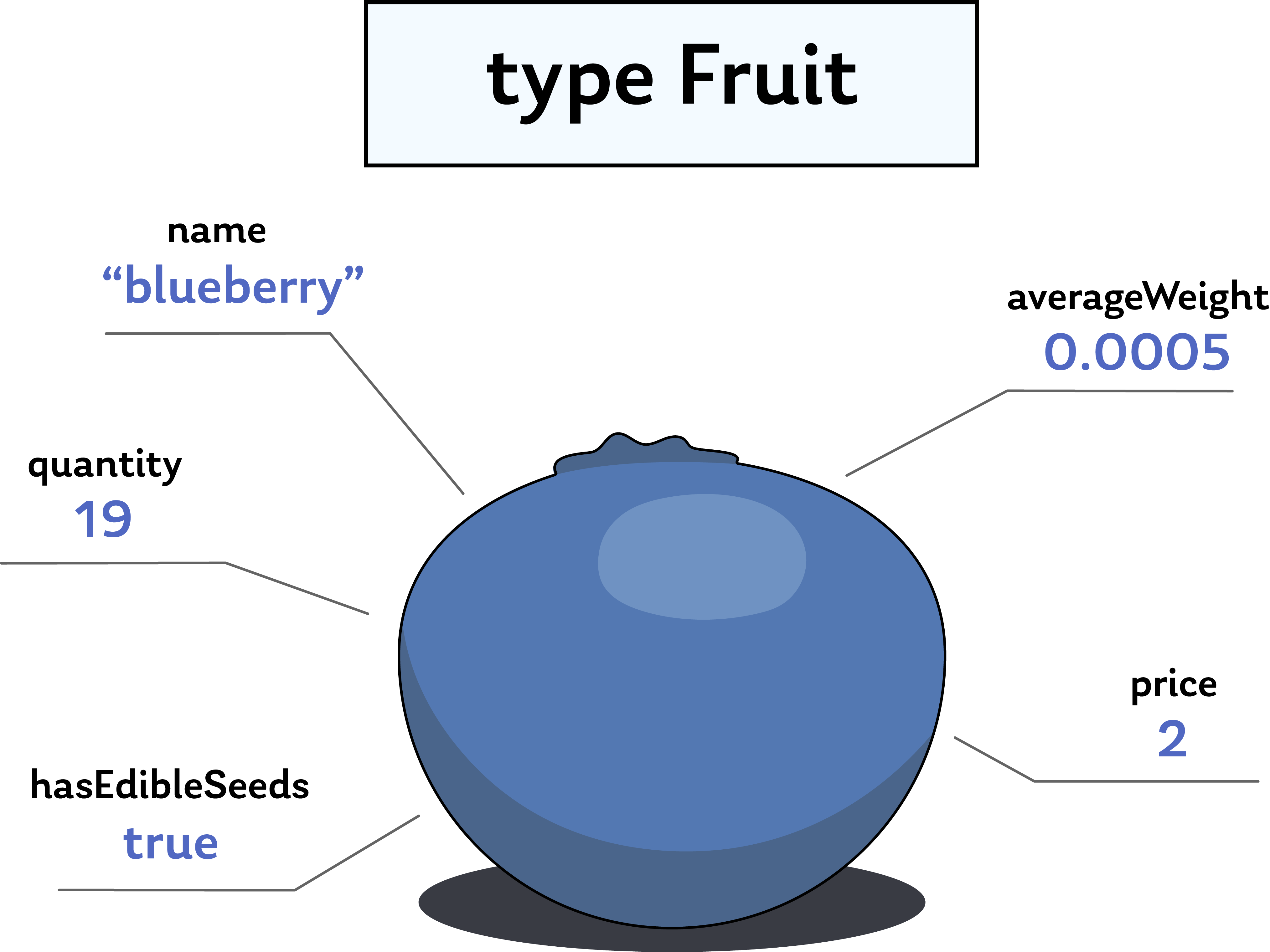 A blueberry is specified as a Fruit type with fields for name, quantity, hasEdibleSeeds, averageWeight, and price.